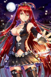 &gt;:( 1girl ahoge bad_id bad_pixiv_id bare_shoulders breasts character_request cleavage clothing_cutout copyright_request covered_navel cowboy_shot earrings elbow_gloves fingerless_gloves frown full_moon gloves glowing hair_ornament jewelry large_breasts long_hair looking_at_viewer moon mvv necklace night night_sky outstretched_arm pleated_skirt ponytail red_hair serious side_cutout skirt sky solo spread_fingers thighhighs v-shaped_eyebrows very_long_hair weapon yellow_eyes rating:Sensitive score:12 user:danbooru