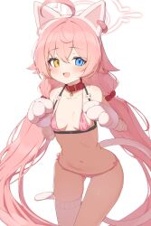  1girl :d absurdres animal_ears animal_hands bikini blue_archive blue_eyes breasts cat_ears cat_tail collar fake_animal_ears fake_tail fang gloves halo hashtag-only_commentary heterochromia highres hoshino_(blue_archive) loli long_hair looking_at_viewer navel open_mouth paw_gloves pink_bikini red_collar simple_background single_thighhigh small_breasts smile solo standing swimsuit tail thighhighs twintails very_long_hair w.k white_background white_gloves white_halo white_thighhighs yellow_eyes 