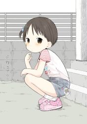  1girl animal_print bear_print black_hair blush brown_eyes child closed_mouth commentary_request denim denim_shorts dot_mouth fence finger_to_mouth forehead from_side full_body grey_shorts hair_bobbles hair_ornament hand_up highres ichigo_mashimaro itou_chika knees_up looking_at_viewer nanoningen_(anapoko) nostrils outdoors pink_footwear pink_shirt pocket print_shirt raglan_sleeves shirt shoes short_hair short_shorts short_sleeves shorts sitting sneakers socks solo stairs tamagotchi two-tone_shirt white_shirt white_socks 