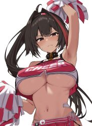  1girl ahoge arm_up armpits bandaid_on_stomach bare_shoulders bay_(nikke) black_choker black_hair blush breasts cheerleader choker cleavage collar crop_top dark-skinned_female dark_skin fang goddess_of_victory:_nikke grey_eyes hair_between_eyes hair_intakes highleg highleg_panties highres holding holding_pom_poms large_breasts lock long_hair looking_at_viewer mole mole_on_breast mole_on_stomach mole_under_mouth multicolored_hair navel padlock padlocked_collar panties pom_pom_(cheerleading) pom_poms ponytail red_hair red_skirt red_tank_top skin_fang skirt solo spiked_choker spiked_collar spikes star_sticker sticker_on_face stomach streaked_hair sweat tank_top underboob underwear upper_body very_long_hair white_background white_panties xi_oshir1 