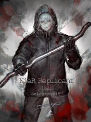1boy absurdres anniversary black_gloves black_jacket black_pants blood closed_mouth commentary_request copyright_name crowbar gloves hair_between_eyes highres holding holding_crowbar hood hooded_jacket jacket looking_at_viewer male_focus moony_(mogmogmelt) nier nier_(series) nier_(brother) pants solo standing white_hair
