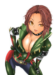  1girl aniki-1029 belt breasts brown_hair capcom choker cleavage deviljho_(armor) gloves hand_on_own_hip hip_focus jacket leather leather_jacket monster_hunter monster_hunter_(series) monster_hunter_3 open_clothes open_jacket open_mouth skindentation solo spikes yellow_eyes 