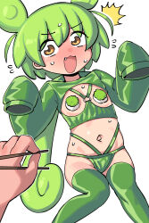  1boy 1girl ^^^ blush breastless_clothes brown_eyes chopsticks commentary english_commentary fang flying_sweatdrops food_on_body food_on_breasts green_hair green_panties green_thighhighs hair_between_eyes highres holding holding_chopsticks lakilolom long_hair long_sleeves looking_at_viewer nose_blush open_mouth out_of_frame panties puffy_long_sleeves puffy_sleeves shrug_(clothing) simple_background sleeves_past_fingers sleeves_past_wrists solo_focus sweat thighhighs underwear very_long_hair voicevox white_background zundamon 