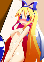  1girl angel angel_wings blonde_hair blue_eyes blush breasts covering_privates covering_breasts covering_crotch disgaea earrings embarrassed flonne flying_sweatdrops hair_ribbon highres jewelry long_hair looking_at_viewer makai_senki_disgaea miu_(164563) miu_(pixiv164563) navel nippon_ichi no_nose no_pupils nude nude_cover open_mouth red_hair red_theme ribbon small_breasts solo sweat very_long_hair wings  rating:Questionable score:68 user:twilight_jester