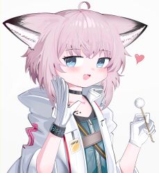  1girl :d absurdres ahoge animal_ear_fluff animal_ears arknights black_choker blue_dress blue_eyes blush choker collarbone dress fox_ears gloves grey_background heart highres holding jacket long_sleeves looking_at_viewer mimikaki open_clothes open_jacket open_mouth pink_hair simple_background smile solo spam_(spamham4506) sussurro_(arknights) white_gloves white_jacket 