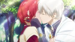  1boy 1girl akagami_no_shirayukihime couple grey_hair hetero highres kiss red_hair shirayuki_(akagami_no_shirayukihime) zen_wistalia  rating:Sensitive score:6 user:EvilDragon