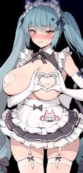  1girl animal_ears apron bare_shoulders bell black_dress blue_hair blush breasts breasts_out cat_ears character_name covered_erect_nipples dress elbow_gloves embarrassed garter_straps gloves goddess_of_victory:_nikke haoni heart heart-shaped_boob_challenge heart_hands heart_pasties highres huge_breasts jingle_bell large_breasts long_hair looking_at_viewer maid_headdress no_bra open_mouth pasties privaty_(nikke) privaty_(unkind_maid)_(nikke) short_dress solo sweat sweatdrop thighhighs thighs twintails very_long_hair waist_apron white_gloves white_thighhighs yellow_eyes 