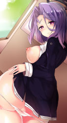 10s 1girl :t ass bad_id bad_pixiv_id blush breasts breasts_out clothes_lift female_focus from_behind hair_intakes halo highres indoors kantai_collection large_breasts looking_at_viewer looking_back mechanical_halo nipples panties panty_pull parted_bangs pout puffy_nipples purple_eyes purple_hair ryuuji_teitoku school_uniform short_hair skirt skirt_lift solo tatsuta_(kancolle) underwear rating:Questionable score:24 user:danbooru
