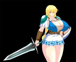  1girl 7961_shiki armor blonde_hair braid breasts cleavage covered_erect_nipples curvy earrings female_focus fighting_stance green_eyes hip_focus holding huge_breasts jewelry long_hair miniskirt nipples shield shoulder_pads simple_background single_braid skirt solo sophitia_alexandra soul_calibur soulcalibur soulcalibur_ii standing sword thighs weapon wide_hips wristband  rating:Sensitive score:42 user:SevenForce