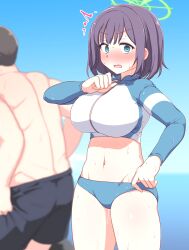  1boy 1girl ^^^ aftersex although_she_hurriedly_put_on_clothes_(meme) black_hair blue_archive blue_eyes blush breasts clothed_after_sex commentary_request green_halo halo heavy_breathing highres kuase large_breasts long_sleeves looking_at_viewer meme navel official_alternate_costume outdoors saki_(blue_archive) saki_(swimsuit)_(blue_archive) sensei_(blue_archive) short_hair stomach sweat swimsuit 