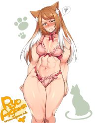 1girl abs agawa_ryou angry bad_id bad_tumblr_id bikini blush breasts brown_hair cat_girl choker cleavage commentary cowboy_shot fang full-face_blush kemomimi_gym long_hair looking_at_viewer medium_breasts multicolored_hair muscular muscular_female navel orange_eyes original pink_bikini ribbon_choker slit_pupils solo spoken_squiggle squiggle standing stomach swimsuit tearing_up tears thick_thighs thighs two-tone_hair white_hair wide_hips rating:Sensitive score:100 user:danbooru