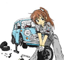  1girl brown_hair flat_tire highres jumpsuit long_hair tire tomboy yellow_eyes  rating:General score:1 user:Freedom_