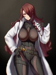  1girl bad_id bad_pixiv_id belt bodysuit breasts brown_eyes brown_hair chromatic_aberration coat commission cowboy_shot fur_coat hair_over_one_eye hand_on_own_hip highres impossible_bodysuit impossible_clothes kirijou_mitsuru large_breasts long_hair looking_at_viewer open_clothes open_coat persona persona_3 persona_4:_the_ultimate_in_mayonaka_arena skeb_commission solo thigh_strap white_coat yamamori_kinako  rating:Sensitive score:13 user:danbooru
