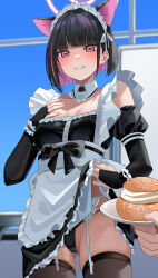 1girl 1other absurdres alternate_costume animal_ears apron black_dress black_hair black_thighhighs blue_archive blush breasts bridal_gauntlets cat_ears clenched_teeth cowboy_shot detached_collar dress enmaided extra_ears food frilled_apron frills halo highres kazusa_(blue_archive) maid maid_apron maid_headdress medium_breasts pink_hair pink_halo red_eyes short_hair soar_sora222 teeth thighhighs white_apron 