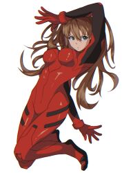  1girl artist_request blue_eyes bodysuit breasts brown_hair expressionless floating_hair full_body hair_ornament highres long_hair looking_at_viewer neon_genesis_evangelion plugsuit red_bodysuit simple_background solo souryuu_asuka_langley white_background wide_hips 