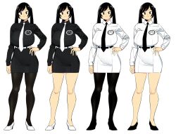  1girl belt black_eyes black_footwear black_hair black_pantyhose black_shirt black_skirt breasts catt_ross closed_mouth collared_shirt commentary commentary_request english_commentary full_body hand_on_own_hip high_heels highres huge_breasts indonesian_commentary long_hair long_sleeves looking_at_viewer mixed-language_commentary necktie original pantyhose shirt sidelocks skirt smile standing twintails variations white_background white_belt white_footwear white_necktie white_shirt white_skirt  rating:Sensitive score:3 user:danbooru