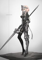  1girl armor armored_boots black_thighhighs boots breasts falslander from_side full_body gauntlets gorget grey_background headgear high_heel_boots high_heels highres holding holding_lance holding_polearm holding_weapon lance lanze_reiter_(neco) looking_at_viewer neco original pink_hair polearm science_fiction short_hair short_hair_with_long_locks sidelocks simple_background single_thighhigh solo standing tagme thighhighs visor_(armor) weapon  rating:Sensitive score:16 user:danbooru