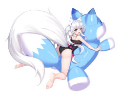  1girl animal_ear_fluff animal_ears ass barefoot black_one-piece_swimsuit blue_eyes casual_one-piece_swimsuit dvleo feet fox_ears fox_girl fox_tail from_behind highres inflatable_toy kneepits legs legs_apart long_hair long_tail looking_back lying on_stomach one-piece_swimsuit open_mouth original ponytail smile soles solo swimsuit tail thighs toes white_hair 