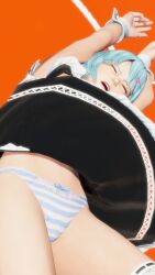 1girl 3d blue_hair bow bow_panties cuffs dead_or_alive dead_or_alive_6 glasses hair_ornament highres jewelry maid nico_(doa) open_mouth panties ring screencap striped_clothes striped_panties underwear  rating:Questionable score:8 user:DonkeyFucker
