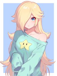  1girl absurdres alternate_costume blonde_hair blue_eyes blue_sweater hair_over_one_eye highres long_bangs long_hair long_sleeves mario_(series) nintendo parted_lips rosalina ryu160303 single_bare_shoulder sleeves_past_fingers sleeves_past_wrists solo super_star_(mario) sweater upper_body very_long_hair 