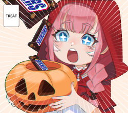  +_+ 1girl absurdres blue_eyes bow bowtie braid building candy candy_bar child choker cloak cosplay dress dual_persona food gradient_hair hair_wings halloween halloween_bucket head_wings highres holding hololive hood hood_up jack-o&#039;-lantern little_red_riding_hood_(grimm) little_red_riding_hood_(grimm)_(cosplay) long_hair multicolored_hair night open_mouth paid_reward_available pink_hair pumpkin red_bow red_bowtie red_cloak red_hood snickers_(brand) solo speed_lines takane_lui trick_or_treat twin_braids virtual_youtuber white_choker white_dress white_hair wide-eyed wings yan_jhia 