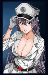  1girl bambietta_basterbine black_border black_hair bleach bleach:_sennen_kessen-hen border breasts cleavage collarbone commentary english_commentary gloves hair_between_eyes hand_on_headwear hat heart_belt highres jacket large_breasts long_hair long_sleeves looking_at_viewer military_hat military_jacket military_uniform parted_lips peaked_cap pleated_skirt quincy_(bleach) signature skirt smile solo sternritter taichi993 uniform wandenreich_uniform white_gloves white_hat white_skirt 