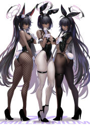 3girls absurdres alternate_costume alternate_hairstyle animal_ear_fluff animal_ears ass b-pang bad_id bad_twitter_id bare_shoulders black_footwear black_hair black_hairband black_leotard blue_archive breasts brown_pantyhose butt_crack closed_mouth cross_pasties curvy dark-skinned_female dark_skin detached_collar doppelganger fake_animal_ears fishnet_legwear fishnet_top fishnets full_body gloves gradient_hair hair_between_eyes hairband halo high_heels highleg highleg_leotard highres karin_(blue_archive) karin_(bunny)_(blue_archive) large_breasts leotard long_hair long_sleeves looking_at_viewer meme_attire multicolored_hair multiple_girls multiple_views official_alternate_costume open_mouth pantyhose pasties playboy_bunny purple_hair rabbit_ears reverse_bunnysuit reverse_outfit revision short_hair shrug_(clothing) simple_background strapless strapless_leotard streaked_hair tail tape tape_on_nipples thigh_strap thighs thong_leotard very_long_hair white_background white_gloves white_pantyhose wide_hips wrist_cuffs yellow_eyes rating:Questionable score:131 user:danbooru