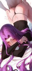  1boy 1girl absurdres all_fours black_panties black_shirt blush clothing_aside fate/stay_night fate_(series) heart heart-shaped_pupils hetero highres long_hair long_sleeves medusa_(fate) medusa_(rider)_(fate) panties panties_aside purple_eyes purple_hair rororo sex sex_from_behind shirt solo_focus symbol-shaped_pupils top-down_bottom-up underwear very_long_hair 