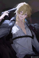  1boy :d alternate_costume aventurine_(honkai:_star_rail) bazhua black_jacket black_pants blonde_hair blue_eyes building chest_harness chinese_commentary collared_shirt earrings fangs finger_on_trigger gun gun_to_head hair_between_eyes half-closed_eye handgun harness highres holding holding_gun holding_weapon holster honkai:_star_rail honkai_(series) jacket jacket_on_shoulders jewelry long_sleeves looking_at_viewer male_focus mullet multicolored_eyes neck_tattoo night open_collar open_mouth outdoors pants pink_eyes shirt short_hair shoulder_holster single_earring smile solo tattoo teeth upper_body upper_teeth_only weapon weibo_logo weibo_watermark white_shirt 