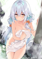  1girl ahoge breasts cleavage collarbone commentary_request covering_privates cu-no hair_ornament hair_scrunchie hisen_kaede large_breasts long_hair looking_at_viewer naked_towel nude_cover onsen orange_eyes rapua_qive scrunchie sidelocks silver_hair solo standing steam towel very_long_hair water  rating:Questionable score:11 user:danbooru