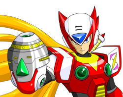 1boy android arm_cannon armor blonde_hair blue_eyes chest_jewel highres long_hair looking_at_viewer male_focus mega_man_(series) mega_man_x_(series) red_armor smile solo weapon zam-8192 zero_(mega_man) zero_buster
