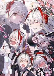  1girl :d absurdres ahoge antenna_hair arknights black_gloves blush_stickers bomb character_name constricted_pupils detonator disembodied_limb drooling english_text explosive fingerless_gloves floating_hair gloves glowing glowing_eyes grenade_pin grey_hair grin hair_dryer highres holding horns looking_at_viewer mouth_drool mouth_hold multiple_views nail_polish open_mouth red_horns red_nails renkon_logistics rolling_eyes scalp_massager shirt smile sneezing snot snot_trail teardrop throwing turtleneck w_(arknights) white_shirt x_x yellow_eyes 