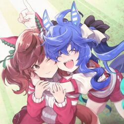  2girls :d ^_^ ahoge animal_ears arm_around_shoulder arm_up blue_hair bow brown_eyes closed_eyes closed_mouth commentary_request crossed_bangs ear_covers eskosugi grass gym_uniform hair_bow hands_on_another&#039;s_arm horse_ears horse_girl horse_tail index_finger_raised jacket long_hair long_sleeves multicolored_hair multiple_girls nice_nature_(umamusume) official_art one_eye_closed open_mouth original_race_uniform_(umamusume) pants promotional_art race_bib red_hair red_jacket red_pants red_shorts sharp_teeth shirt short_sleeves shorts sidelocks smile streaked_hair striped_bow tail teeth tracen_training_uniform track_jacket track_pants twin_turbo_(umamusume) twintails umamusume white_shirt 