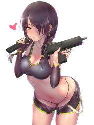 1girl ammunition arm_warmers bikini bikini_under_clothes black_bikini black_hair black_shorts blush braid breasts butt_crack cleavage collarbone cowboy_shot dual_wielding earclip earrings fingernails girls&#039;_frontline green_eyes gun hair_over_one_eye heart highres holding jewelry leaning_forward long_fingernails long_hair looking_at_viewer mac-10/11 mac-10_(girls&#039;_frontline) medium_breasts nail_polish navel nikuku_(kazedesune) nose_blush open_fly parted_lips pink_nails purple_hair shiny_skin short_shorts shorts simple_background smile solo standing stitches stomach submachine_gun swimsuit swimsuit_under_clothes thighs trigger_discipline twin_braids twintails unbuttoned weapon white_background rating:Sensitive score:58 user:danbooru