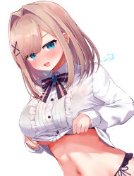  1girl :d arched_back black_bow black_bowtie black_bra blue_brooch blue_eyes blush bow bowtie bra bra_peek breasts brown_hair buttons center_frills clothes_lift collared_shirt festa11307070 frilled_shirt frills large_breasts lifted_by_self long_sleeves looking_at_viewer medium_hair nijisanji open_mouth pink_bow pink_bowtie shirt shirt_lift simple_background smile solo suzuhara_lulu suzuhara_lulu_(1st_costume) tongue underwear virtual_youtuber white_background white_shirt 