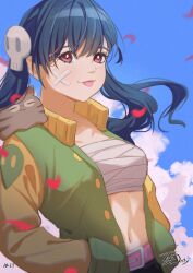  1girl :p belt belt_buckle blue_hair blue_sky blush borrowed_character breasts buckle closed_mouth cloud collarbone commentary day green_jacket hair_between_eyes hair_ornament hands_in_pockets highres jacket ji-yoon_(jourd4n) long_hair long_sleeves medium_breasts navel open_clothes open_jacket original outdoors petals pink_belt puffy_long_sleeves puffy_sleeves red_eyes sarashi signature skull_hair_ornament sky smile solo takomonty tongue tongue_out twintails  rating:Sensitive score:2 user:danbooru