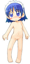  1girl absurdres barefoot blue_eyes blue_hair blush breasts chibi chikoi cleft_of_venus embarrassed feet female_focus full_body futaba_channel headdress highres loli maid_headdress matching_hair/eyes navel nijiura_maids nipples nude pussy sakurabe_notos short_hair simple_background small_breasts solo standing toes uncensored white_background 