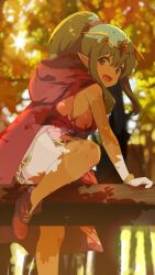  1girl :d ahonoko autumn dress fire_emblem fire_emblem:_mystery_of_the_emblem green_eyes green_hair highres hood hoodie knee_up nature nintendo open_mouth outdoors pink_dress pointy_ears ponytail shadow shoes sitting sitting_on_branch sleeveless sleeveless_dress smile thick_thighs thighs tiara tiki_(fire_emblem) tiki_(young)_(fire_emblem) tree under_tree 