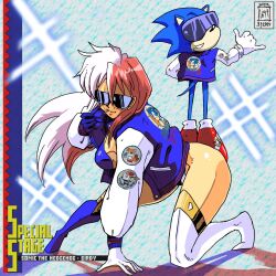  1990s_(style) 1boy 1girl arm_support birdy_cephon_altera boots breasts cleavage crossover gloves jacket kneeling large_breasts leaning_forward legs looking_at_viewer open_clothes open_jacket red_hair retro_artstyle sega smile sonic_(series) sonic_the_hedgehog sunglasses tetsuwan_birdy thick_thighs thighs white_hair 