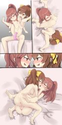  2girls 4koma 69 absurdres anna_(fire_emblem) anus ass bed_sheet blush bow breasts brown_eyes brown_hair censored child_on_child closed_eyes collarbone comic completely_nude cunnilingus delthea_(fire_emblem) dildo double_dildo eye_contact fang feet female_focus fire_emblem fire_emblem_echoes:_shadows_of_valentia fire_emblem_engage flat_chest french_kiss hair_bow half-closed_eye half-closed_eyes hand_on_another&#039;s_cheek highres kiss loli long_hair looking_at_another mosaic_censoring multiple_girls navel nintendo nipples nude object_insertion open_mouth oral ponytail profile pussy red_eyes red_hair sex sex_toy shincito sideboob small_breasts smile spread_legs stomach toes tongue tribadism v-shaped_eyebrows vaginal vaginal_object_insertion yellow_bow yuri 