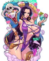  1girl bikini black_hair boa_hancock breasts hand_on_own_hip highres horns large_breasts long_hair one_piece reiq shiny_skin skull snake solo swimsuit teeth thighs very_long_hair  rating:Sensitive score:78 user:escapee