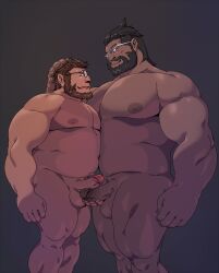  2boys bara beard belly belly-to-belly completely_nude couple dark-skinned_male dark_skin drooling erection facial_hair fat fat_man feet_out_of_frame final_fantasy final_fantasy_xiv from_side full_beard glasses hand_on_another&#039;s_head height_difference highres huge_pectorals interracial large_pectorals male_focus mature_male mouth_drool multiple_boys muscular muscular_male navel nipples nude original pectorals penis penises_touching profile roegadyn short_hair standing strongman_waist taoren thick_beard thick_eyebrows thick_thighs thighs uncensored warrior_of_light_(ff14) yaoi 