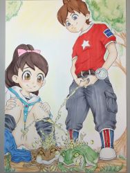  10s 1boy 1girl absurdres amano_keita anus artist_request frog girl+boy_peeing_together highres kodama_fumika loli outdoors peeing penis ponytail pussy sannen_netarou shota small_penis smile squatting standing uncensored what youkai_watch  rating:Explicit score:76 user:narcopolis