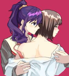 2girls asahina_mafuyu blush bra bra_strap brown_hair closed_mouth commentary deep_dig grey_shirt hands_on_another&#039;s_back highres long_hair multiple_girls off_shoulder parted_lips pink_bra ponytail project_sekai purple_hair red_background sailor_collar shinonome_ena shirt short_hair simple_background underwear undressing_another upper_body white_sailor_collar white_shirt 