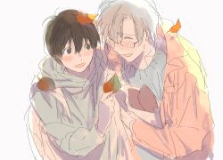  2boys :d akira_(kimi_to_boku) autumn azuma_kouichi bad_id bad_tumblr_id bag blush brown_eyes brown_hair closed_eyes coat food furrowed_brow glasses grey_background grey_hair hair_between_eyes hand_up holding kimi_to_boku leaf leaf_on_head long_sleeves looking_at_another male_focus multiple_boys open_mouth paper_bag popped_collar raised_eyebrow roku_(tsua-kihuyu) scarf simple_background smile sweater sweet_potato tareme upper_body 