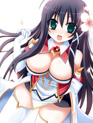  1girl bare_shoulders black_hair blush breasts cleavage female_focus green_eyes happy large_breasts long_hair looking_at_viewer open_mouth smile solo zazizaku 