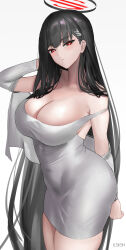  1girl absurdly_long_hair absurdres black_hair blue_archive breasts cleavage closed_mouth cropped dongtan_dress dongtan_lady_(k_pring) dress expressionless halo highres ilsksh large_breasts long_hair looking_at_viewer meme_attire red_eyes rio_(blue_archive) short_dress simple_background solo strap_slip taut_clothes taut_dress very_long_hair white_background white_dress 