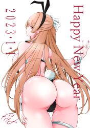  1girl 2023 absurdres animal_ears animal_print ass ass_focus azur_lane back bikini black_panties breasts chinese_zodiac cow_print from_behind hair_ribbon hand_on_own_thigh hand_on_wall happy_new_year highres large_breasts leaning_over leotard light_brown_hair long_hair looking_at_viewer new_year p.i.t.d panties playboy_bunny rabbit_ears rabbit_tail ribbon simple_background skindentation solo swiftsure_(azur_lane) swimsuit tail thigh_strap underwear very_long_hair white_ribbon year_of_the_rabbit 