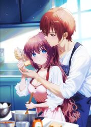  1boy 1girl a-chan_senpai alternate_costume apron blue_apron blue_eyes blush breasts brown_eyes brown_hair cleavage closed_mouth collared_shirt commentary cooking day eyelashes fingernails fork from_behind grabbing grabbing_from_behind hair_between_eyes half_updo hands_up hetero highres holding holding_fork indoors kitchen large_breasts little_busters! long_hair long_sleeves looking_at_another looking_at_food miiizuno_lbs natsume_kyousuke parted_lips pink_apron puffy_long_sleeves puffy_sleeves shirt short_hair sleeves_rolled_up standing straight_hair tareme tsurime very_long_hair wavy_hair white_shirt window 