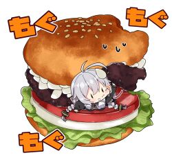 1girl :t antenna_hair arm_up black_jacket blush braid breasts brown_eyes burger closed_mouth commentary_request dress eating food food_on_face food_request grey_dress grey_hair hair_between_eyes highres in_food jacket kizuna_akari large_breasts lettuce long_hair long_sleeves low_twintails lying milkpanda mini_person minigirl on_stomach open_clothes open_jacket puffy_cheeks puffy_long_sleeves puffy_sleeves shirt simple_background solo sweat tomato tomato_slice translation_request twin_braids twintails very_long_hair voiceroid wavy_mouth white_background white_shirt |_|